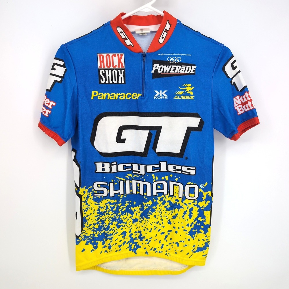 Aussie GT Bicycles Shimano Cycling Jersey Blue Yellow Vintage Racing Mens Size S